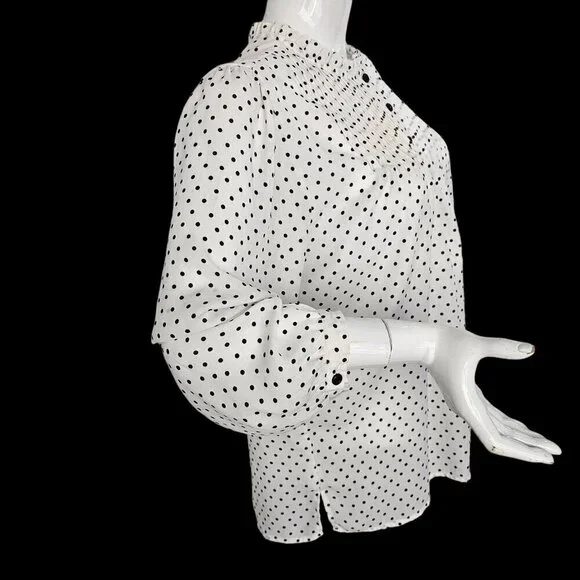 Jasmine & Juliana Long Slv White Black Polka Dot Blouse Sz L 1/2 Btn Ruffle Neck - Picture 8 of 9